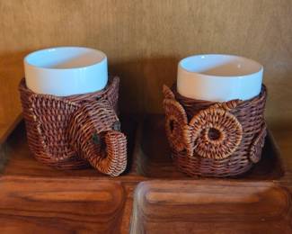 Boho Wicker Elephant And Owl Coffee Mug Holders With Cups