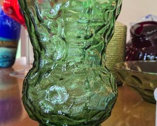 E.O. Brody Emerald Green Crinkle Glass Vase