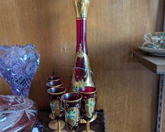 Hand painted decanter and cups