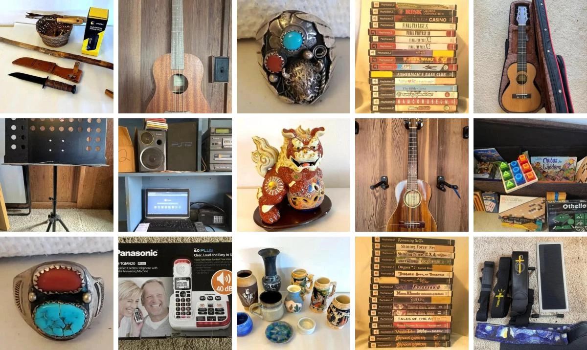 This fantastic auction features a massive collection of ukulele, sterling silver turquoise rings and other fine jewelry, aloha shirts, vintage video games and consoles, vintage electronics, automotive tools, collectibles, books, ukulele and guitar cases and accessories, amps, vintage puzzle art. CDs and DVDs, household goods and decor, furniture, kitchen goods, collectibles including figurines and more, books and SO MUCH MORE!!