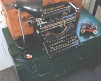 EFF061 Vintage Wood Cabinet, File Cabinet & Underwood Typewriter