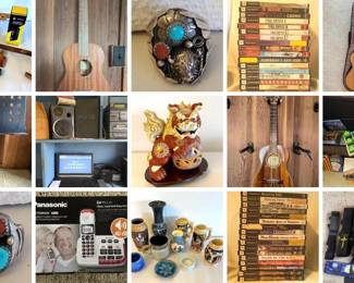This fantastic auction features a massive collection of ukulele, sterling silver turquoise rings and other fine jewelry, aloha shirts, vintage video games and consoles, vintage electronics, automotive tools, collectibles, books, ukulele and guitar cases and accessories, amps, vintage puzzle art. CDs and DVDs, household goods and decor, furniture, kitchen goods, collectibles including figurines and more, books and SO MUCH MORE!!
