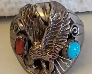 EFF070- Sterling Silver Navajo Eagle Men's Ring 