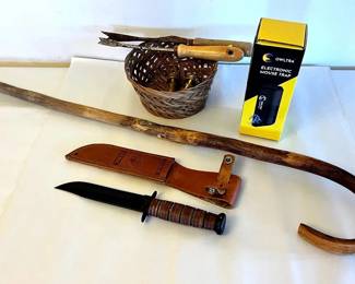 EFF016 USMC Knife With Leather Sleeve, Carved Wood Cane, & Miscellaneous Garage Items 