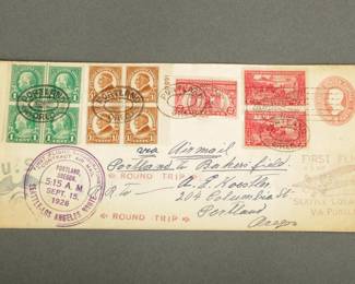 1926 1st Flight Airmail. Larger size envelope. Seattle, Los Angeles Route going to Portland, round trip. Envelope measures 8 3/4". Historic Cover