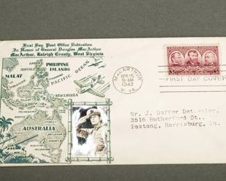 Airmail Cover 1st Day Dedication to Douglas MacArthur. Dated April 15, 1932. Real photo of MacArthur attached.