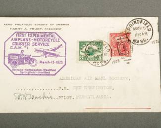 Airmail Airplane To Motorcycle Service. Dated March 15, 1928. First experimental service of this kind that only lasted 3 months. From Springfield MA to Pennsylvania. Signed by pilot, R.W. Mackie. First Day Covers