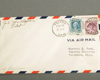 1933 Air Mail. Pilot signed, J.V. McClofiln. Toledo to Columbus. Historic Cover
