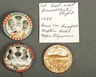 2 Pinbacks & Brass Medallion. Transatlantic European Air Mail Pilots. Medallion is from 1928. All are in very good condition