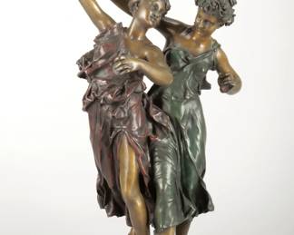 Marble Base Bronze Statue "Tambourine Girls". 53 lbs. 25" tall, 12" wide. Artist is Etienne-Henri Dumaige
