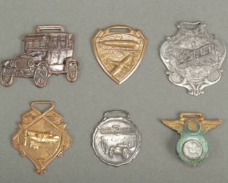 6 Watch Fobs. Auto, Planes and Airship on one. No dates except one 1929 Indiana American Legion
