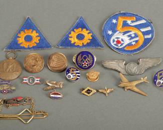 17 Military & Aviation Items. Includes sterling Pilots wings (WWII), patches, tietacks and pins.
