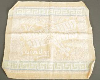 "We Lindy" Towel. Showing the Spirit of St. Louis. Measures 12" x 12". Four corners curl a little. Rare Item.