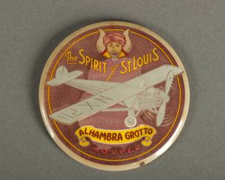 Large Button Pinback. From the Alhambra Grotto in St. Louis (was a Masonic temple). Shows Spirit of St. Louis. 3 1/2" in diameter