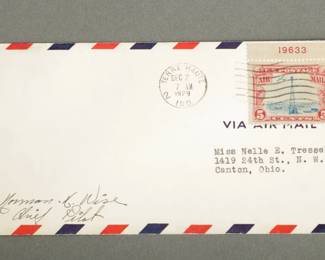Airmail Cover. Pilot signed, Norman Wise. December 2, 1929. Terre Haute, IN to Canton.