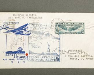 1939 Transatlantic 1st Flight Air Mail. New York to Marseilles. The address is Paris. Historic Cover