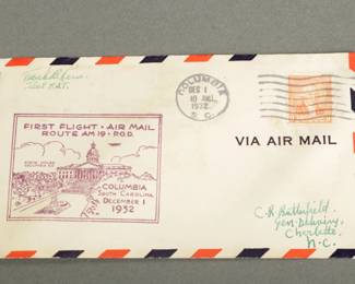 1932 Air Mail. Pilot signed, Frank Kerse. First Flight. Columbia to Charlotte. Historic Cover