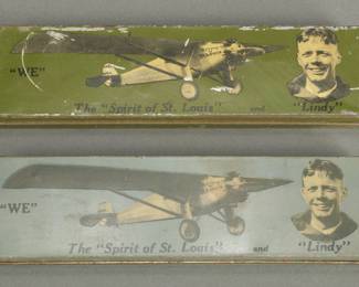 2 Lindy Pencil Boxes. One dark blue and one dark green. Dark green has stains and loss of paint. Both hinges work fine.