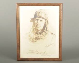 Framed Signed Print by Edna Hoadley. Graphite on paper of Charles Lindbergh called "The Man of The Air". Measures 18" x 14.
