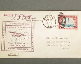 Airmail Cover. Famous Pilots Day for L.D. Odhner, Executive Secretary. Dated April 23, 1930. From Camden to Cleveland Heights.