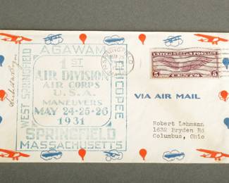 Airmail Cover. Pilot signed, Herbert Bogue. May 25, 1931. From Springfield, MA to Columbus.