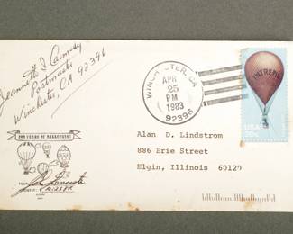 Airmail Cover. Two signatures for 200 years of ballooning. John Lancaste, balloon pilot and Jeanette Carmody, Postmaster in Winchester, CA. Dated April 25, 1983.