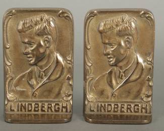 Bronze Book Ends of Charles Lindbergh in Profile. Number on back is S235. 6 3/4" tall. Wear, scratches and loss of color. Rare design.