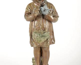 Marble Base Bronze Statue "Girl Holding Bird". 24" tall and 8" wide