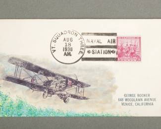 Airmail Cover. VT Squadron 3 Naval Air Station. Cover has bi-plane. August 18, 1938. Freeport, PA to California.