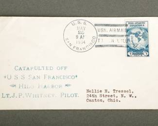 US Navy Airmail 1934. Catapulted Off USS San Francisco in Hilo Harbor. Going from San Francisco to Canton, OH. Historic Cover