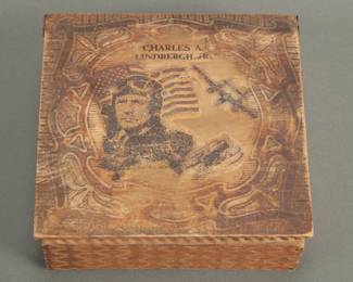 Charles Lindbergh Handkerchief Box. This wooden box measures 6 3/8" x 6 3/8" x 2"