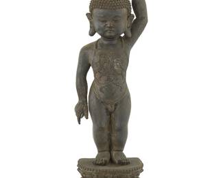 1308
An Asian bronze figure of Buddha as an infant
20th century
With impressed seal to baseplate
11" H x 4" W x 3" D
Estimate: $300 - $500