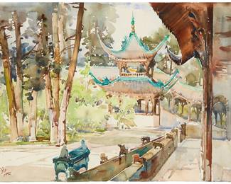 1281
Hua Yiyu
(b. 1922)
"Temple in South China," 1990
Watercolor on wove paper, watermark Arches
Signed in Chinese and dated 1990 in brown ink, lower left; titled by repute
Image/Sheet: 16.125" H x 22.125" W
Estimate: $1,500 - $2,000