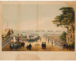 1196
Wilhelm Heine
(1827-1885)
"Landing of Commodore Perry, Officers & Men of the Squadron," from the "Illustrations of the Japan Expedition," 1855-56
Lithograph with hand coloring on wove paper laid to paper
From the edition of unknown but presumably small size
With the artist's, printer's, and publisher's names, as well as the title, all engraved in the plate below the image; Sarony & Co., New York, prntr.; E. Brown Jr., New York, pub.
Image (with printed text): 24" H x 32.375" W; Sheet: 26" H x 35.125" W
Estimate: $1,000 - $1,500