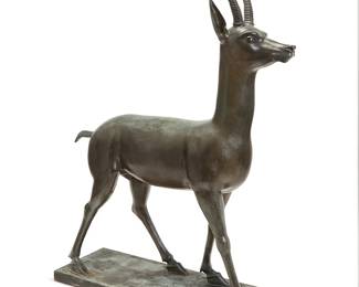 1144
Frederic Mares Deulovol
(1893-1991)
Gazelle
Patinated bronze
Base signed in the casting: F. Mares; with impressed foundry mark: Fundicion R. Vila / Valls (Tarragona)
Figure: 58" H x 46" W x 12" D; Base: 2.25" H x 44" W x 14.75" D
Estimate: $1,500 - $2,500