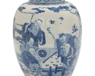 1154
A Chinese blue and white porcelain ginger jar
Late Qing Dynasty/Republic Period (1644-1949) or later
Unmarked
With landscape tableau decoration
15" H x 10.5" Dia.
Estimate: $500 - $700