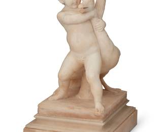 1221
An Italian carved marble and alabaster figure of a boy and goose
After the model by 2nd century Greek sculptor Boethus of Chalcedon, late 19th century
Unmarked
Raised on a hardstone plinth
Figure and base: 15" H x 7.75" W x 12" D; Plinth: 3.5" H x 10" W x 12.75" D
Estimate: $700 - $900