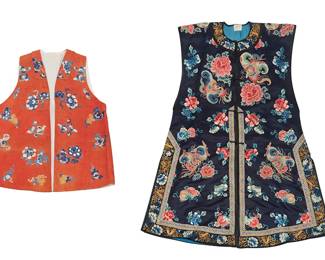 1050
Two Chinese embroidered silk women's sleeveless jackets/vests
Qing Dynasty (1644–1912) or later
Two works:

A long traditional-style dark blue silk vest with side splits
Label: Made in China
With multiple floral, fruit, and butterfly/moth motifs in polychrome silk and gilt metal thread embroidery, brocade ribbon trim, and the collar and hem trimmed with wide bands of blue and white floral and gilt metal thread embroidery, with a blue silk lining and cord fastenings to center front
43.25" H x 23.5" W at shoulders

A Mulle contemporary vest
Label: Mulle
Designed with vintage Chinese embroidered orange silk damask fabric with bat motifs, featuring blue, white and gold-colored metal thread embroidery depicting fantastical flowers and bats, with a cream silk lining
27" H x 21.25" W at back underarm

2 pieces
Estimate: $800 - $1,200