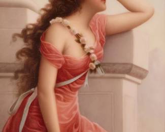 1206
A German porcelain plaque
Late 19th century
Signed "Wagner" lower right, and with an impressed number "324" on the verso
After the painting by Édouard Bisson (French, 1856-1945) referred to as "A Young Beauty with a Wreath of Roses"
8.625" H x 5.75" W
Estimate: $800 - $1,200