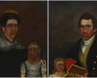 1192
Elias V. Coe (1784-1843)
Two Works:

Portrait of Mrs. Clarinda Johnson and Sarah Amelia Johnson, 1828
Oil on canvas
Signed, dated, and inscribed verso: E. V. Coe / 1828 / "Mrs. Clarinda Johnson Æ 24 years / Sarah Amelia Johnson æ 5 [**]"
28" H x 24" W

Portrait of Henry Johnson and Susan Catherine Johnson
Oil on canvas
Signed, dated, and inscribed verso: Elias V. Coe / 1829 / "Henry Johnson Æ 28 / Susan Catherine Johnson ,, 3"
28" H x 24" W
Estimate: $1,000 - $1,500