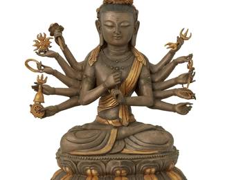 1298
An Asian parcel gilt and silvered bronze figure of Avalokiteshvara
20th century
With impressed seal to baseplate
Depicted with various implements
14.5" H x 10.5" W x 7" D
Estimate: $500 - $700