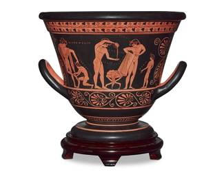 1204
A Greek pottery replica krater vase
Early 21st century
Signed and inscribed to underside: Hand Made in Greece By Sokia Gani @ SJS Designs / Ancient Greek Copy / Circa 500 B.C. / 'The Olympic Games' / No. 9391 / [sigma. gamma. sigma]
Raised on a carved wood stand
Vase: 11.75" H x 13.875" Dia.; Base: 2.25" H x 9.875" Dia.
Estimate: $300 - $500