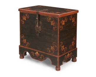 1222
A Baroque style storage chest
20th century
With wrought-iron latch lock, raised on a stand with shaped apron and cup feet
Overall: 30" H x 27.75" W x 17.5" D
Estimate: $400 - $600