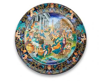 1205
An Italian maiolica istoriato style charger
Mari Luciana (20th/21st century)
"Congiarium"
Titled and signed illegibly to underside; with applied label: Maioliche Istoriate / Mary Luciana
Depicting the Roman practice of distributing goods to its citizens
2.125" H x 21.125" Dia.
Estimate: $400 - $600