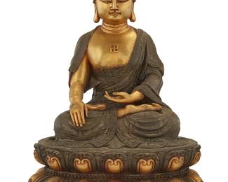 1301
An Asian parcel gilt bronze Buddha figure
20th century
With inscription to base verso; impressed seal to baseplate
13.5" H x 10.5" W x 6.5" D
Estimate: $500 - $700