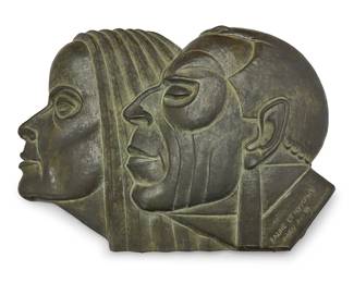 1268
Anders Mohammar
(1912-1993)
"Faune et Nymphe," 1948
Verdigris patinated bronze relief panel
Signed, titled, and dated in the casting: PARIS / 7.11.48 / MOHAMMAR; foundry impression: GIRE / A VALSUANI / PERDUE
14.5" H x 19.75" W x 2" D
Estimate: $600 - $800