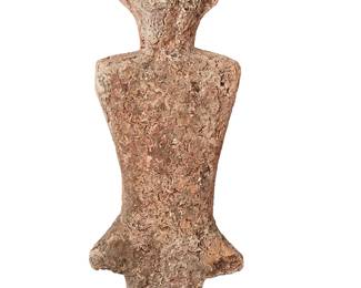 1090
An Indonesian carved stone figure
Bronze age/late prehistoric
Carved porous limestone, mounted on an enameled metal stand
Stone: 19.25" H x 7.5" W x 2.5" D; Overall: 19.75" H x 7.5" W x 4" D
Estimate: $3,000 - $5,000