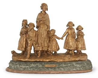 1248
Joseph d'Aste
(1881-1945)
"La fête au Village"
Gold-toned patinated bronze on stone on wood plinth
Marked in the casting: J. D Aste
Bronze: 15.5" H x 20.25" W x 7.25" D; Stone and wood: 3" H x 22.75" W x 8.5" D
Estimate: $1,000 - $2,000