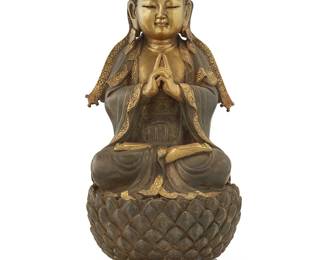 1303
An Asian parcel gilt bronze figure of Vairocana
20th century
With impressed seal to baseplate
In the Ming style
11.625" H x 5.5" W x 5.5" D
Estimate: $700 - $900