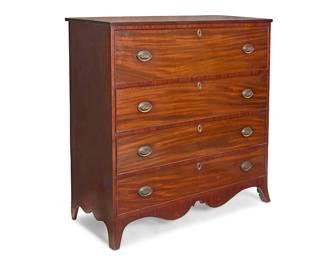 1202
An American mahogany chest
20th century
With four locking drawers above a shaped apron and flared legs
47" H x 46.5" W x 19.25" D
Estimate: $400 - $600